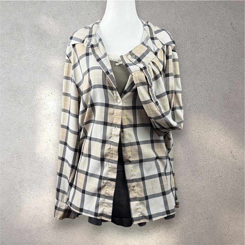 Calvin Klein Plaid Button-Up Blouse Women's M Beige Sheer Casual Fall Minimalist